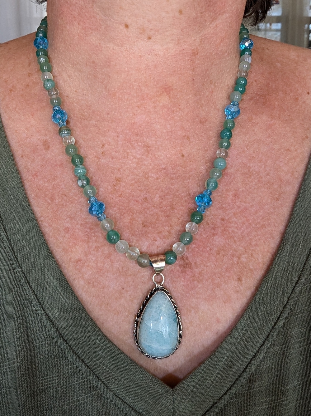 Beaded Green and Blue Gemstone Necklace with Teardrop Pendant